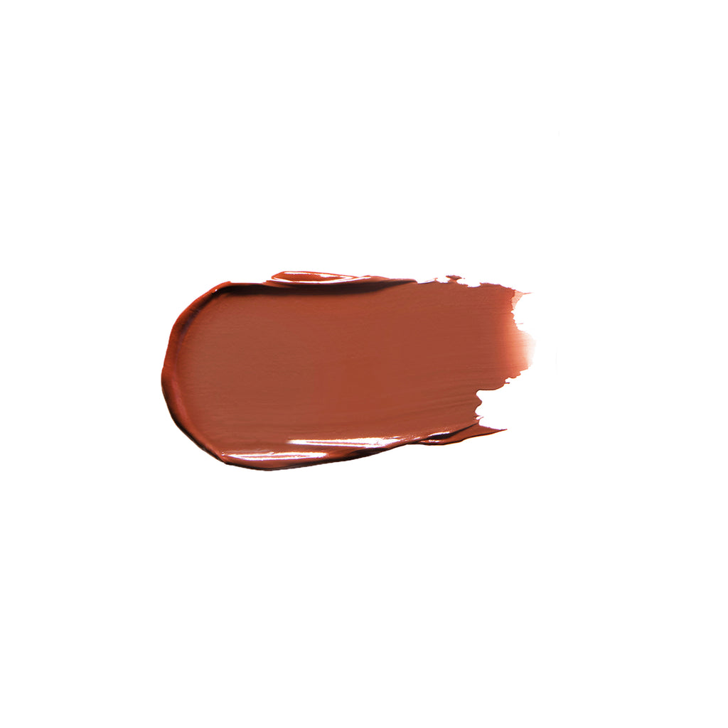 A swatch of smooth, glossy lipstick in a rich terra-cotta shade.