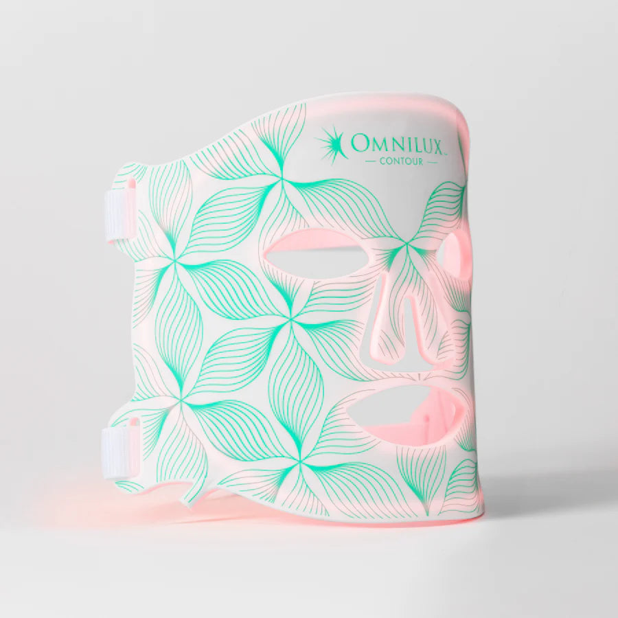 Led light therapy face mask by omnilux with a floral pattern, designed for skincare treatments.