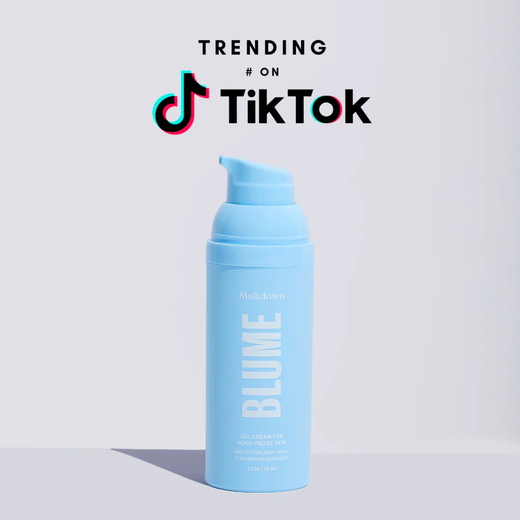 Blue skincare product bottle with "trending on tiktok" graphic overlay.