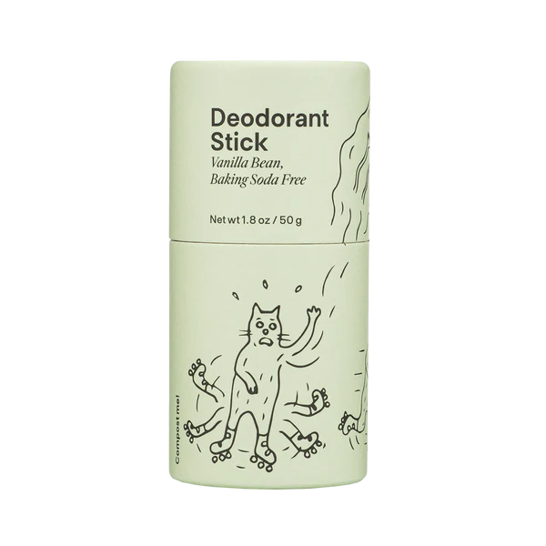 Vanilla bean deodorant stick, baking soda free, with playful cat illustration on the label.
