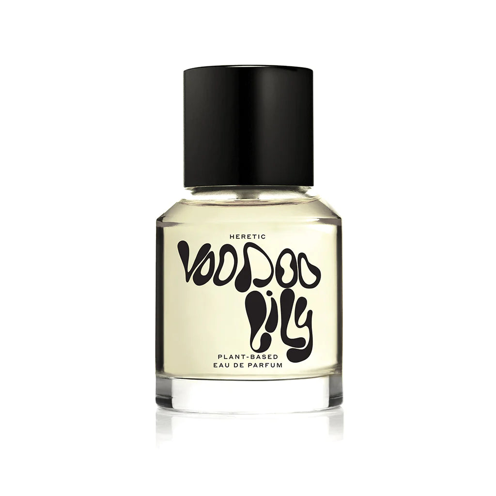 A bottle of heretic voodoo lily plant-based eau de parfum against a white background.