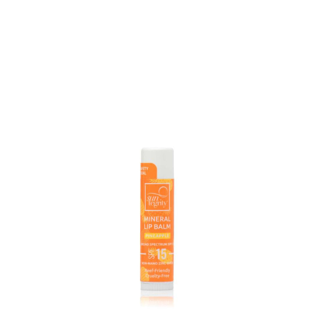 A tube of mineral lip balm with spf 15 displayed against a white background.