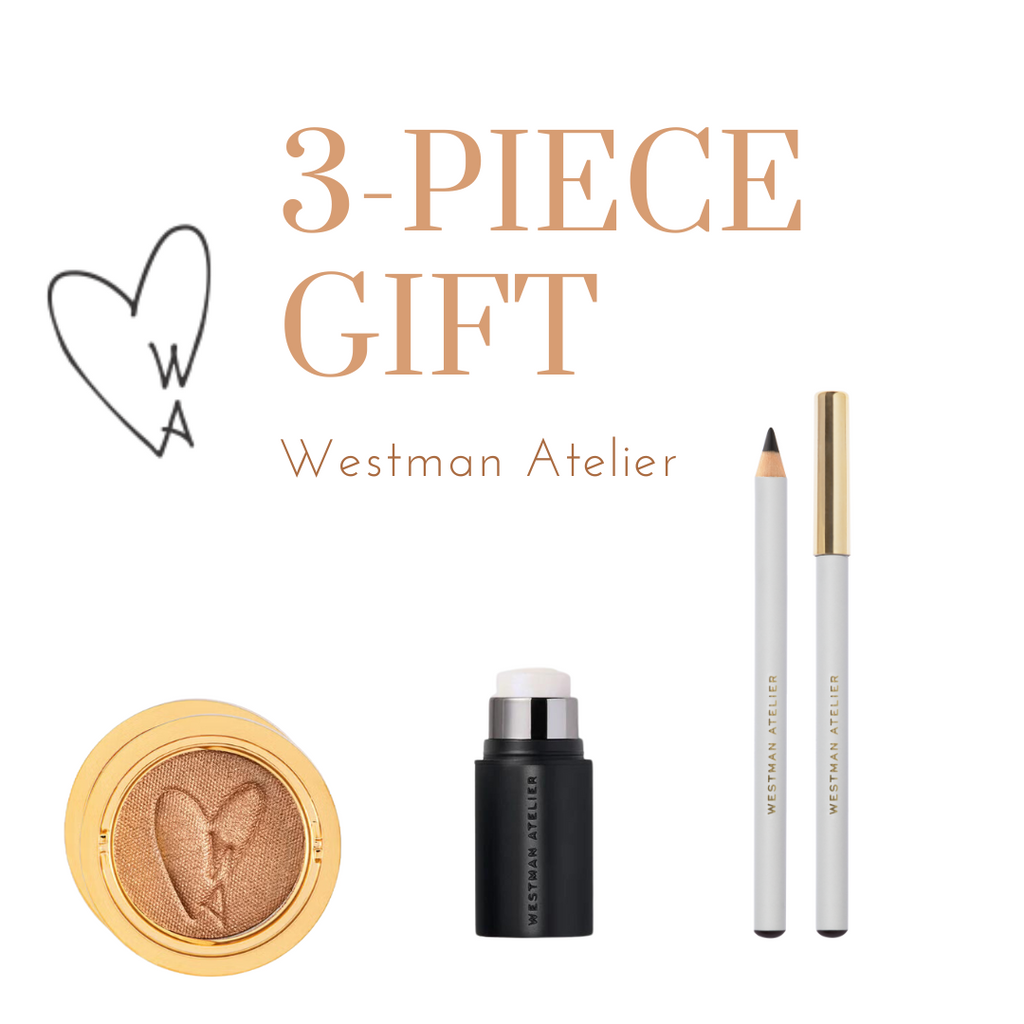 A promotional image displaying the Westman Atelier Summer Gift with Purchase, featuring an eyeshadow, a cosmetic stick, and an eye pencil. Text reads, "3-PIECE GIFT SET Westman Atelier.