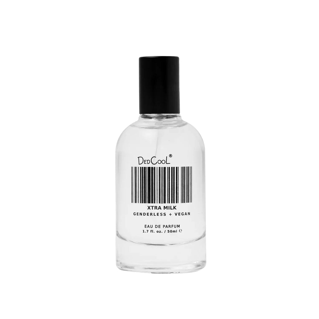 A bottle of "decool xtra milk" genderless and vegan eau de parfum against a white background.