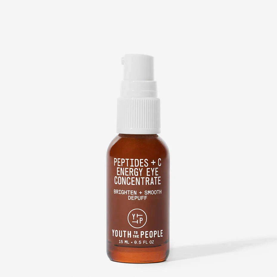 A bottle of youth to the people peptides + c energy eye concentrate against a white background.