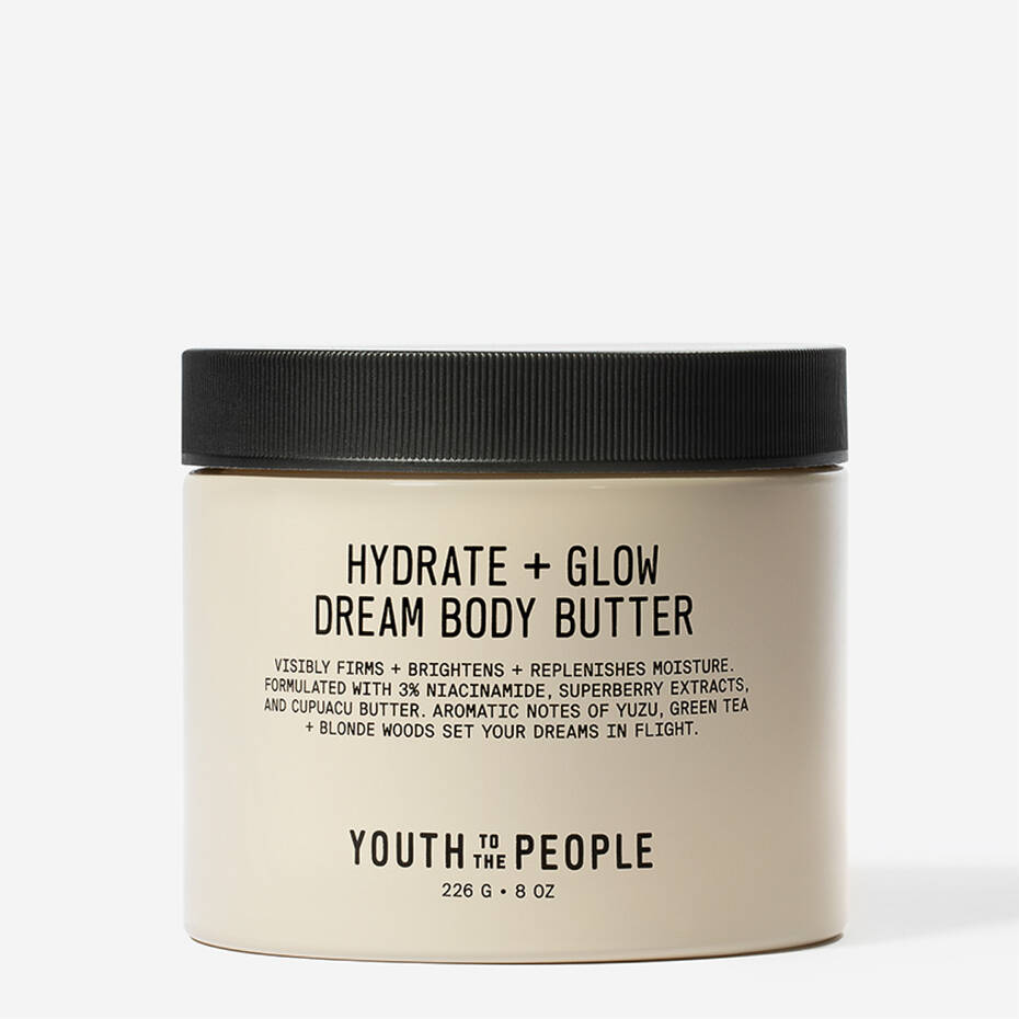 A jar of "Youth To The People Superberry Firm + Glow Dream Body Butter" against a white background, labeled for skin hydration and niacinamide content.