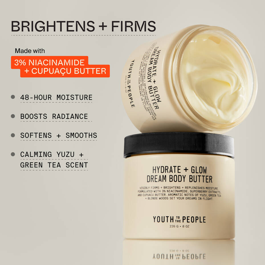 Jar of "Youth To The People Superberry Firm + Glow Dream Body Butter" with lid open, displaying cream, alongside text highlighting product benefits and ingredients like niacinamide and hydration.
