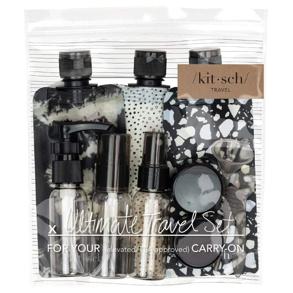A travel set with various sized bottles and containers for carrying liquids, housed in a clear, zippered pouch.
