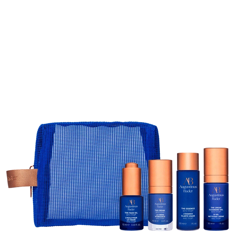 A set of blue bottled skin care products with an accompanying blue cosmetic bag.
