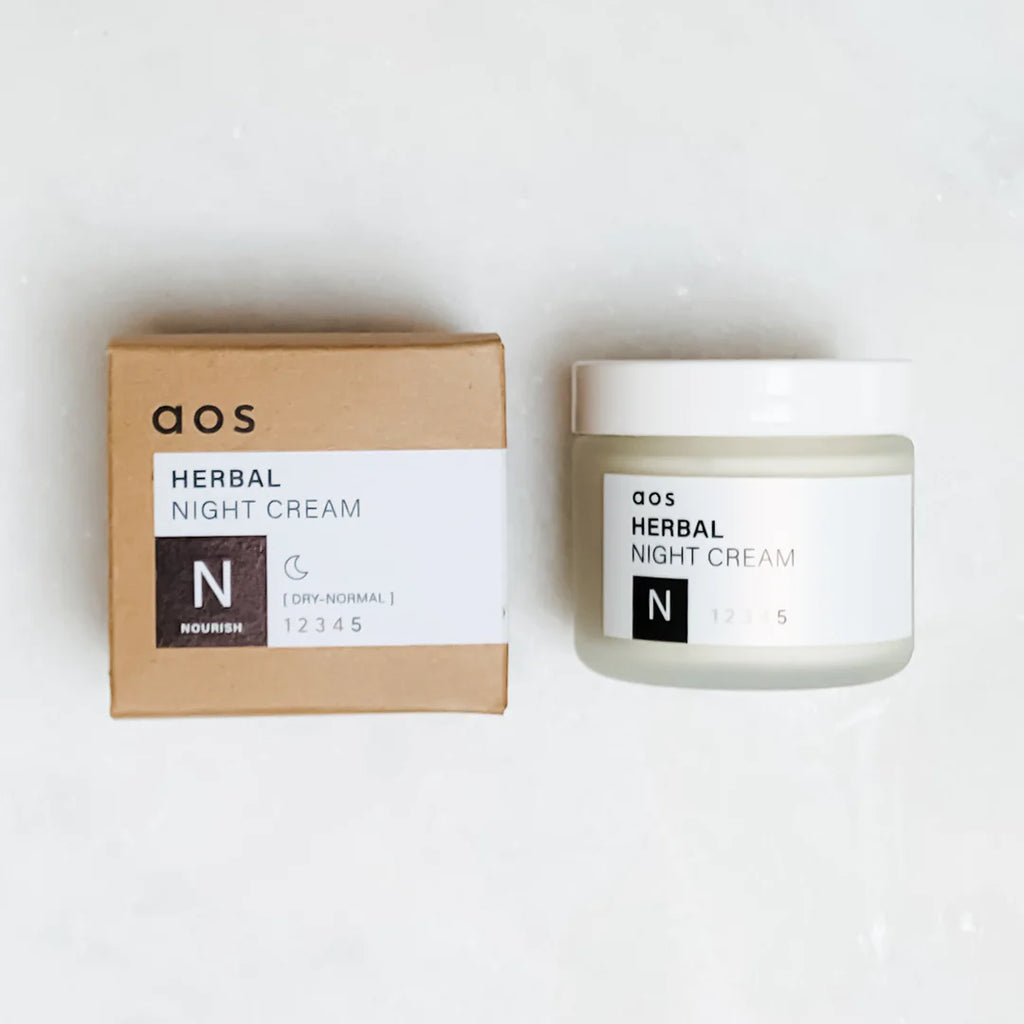 A jar of herbal night cream next to its packaging box on a white background.