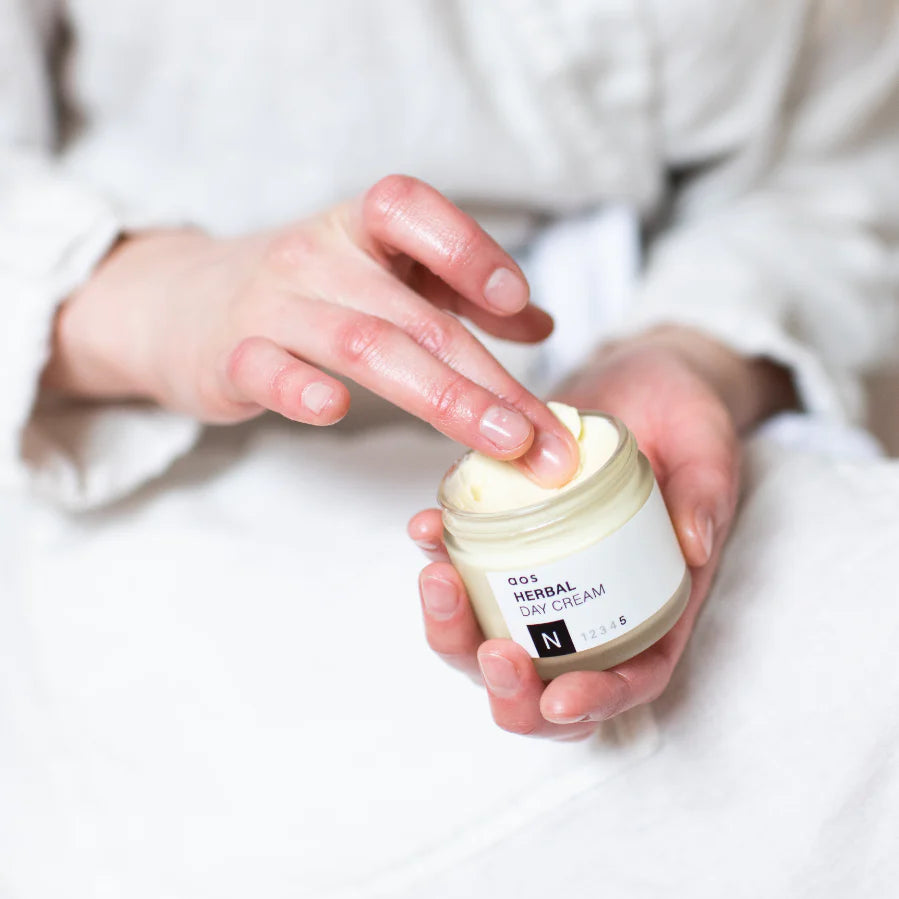 A person applying cream from a jar onto their finger.