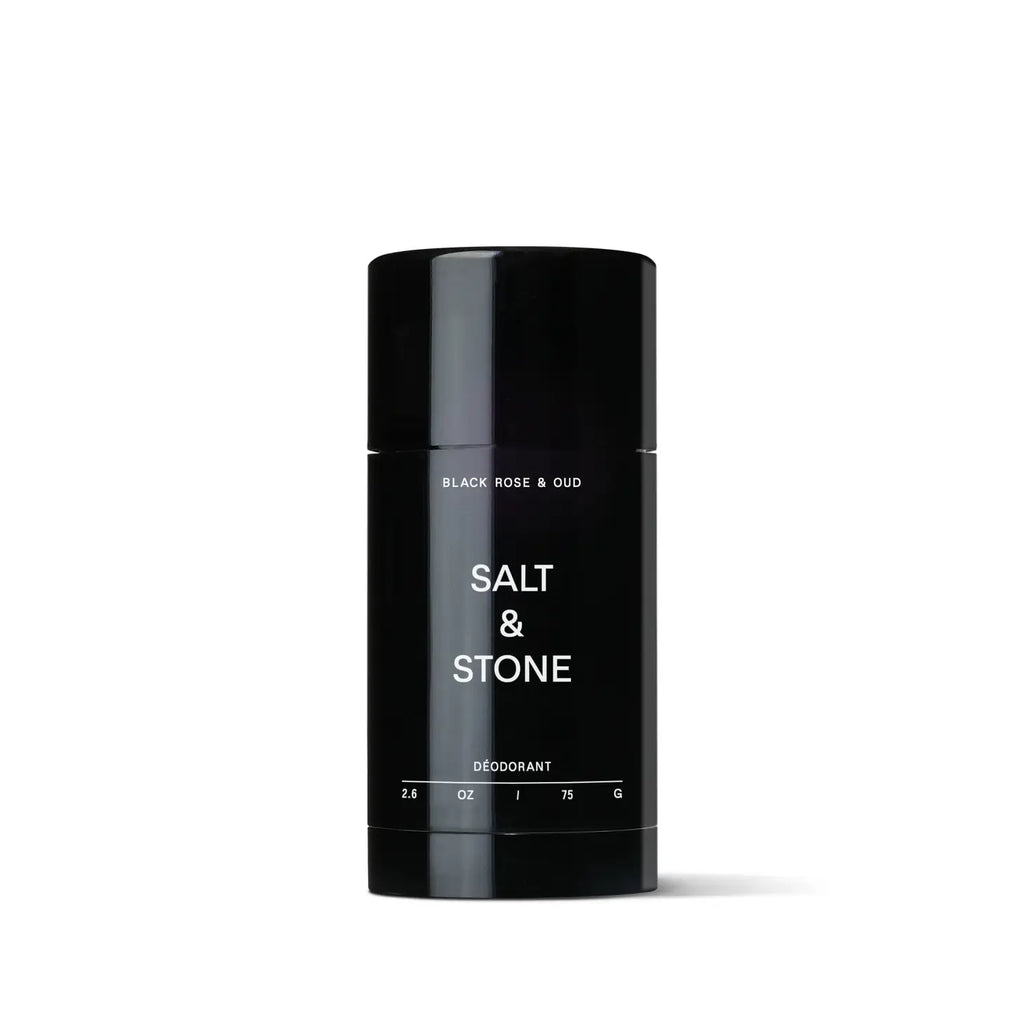 A black salt & stone brand deodorant stick against a white background.