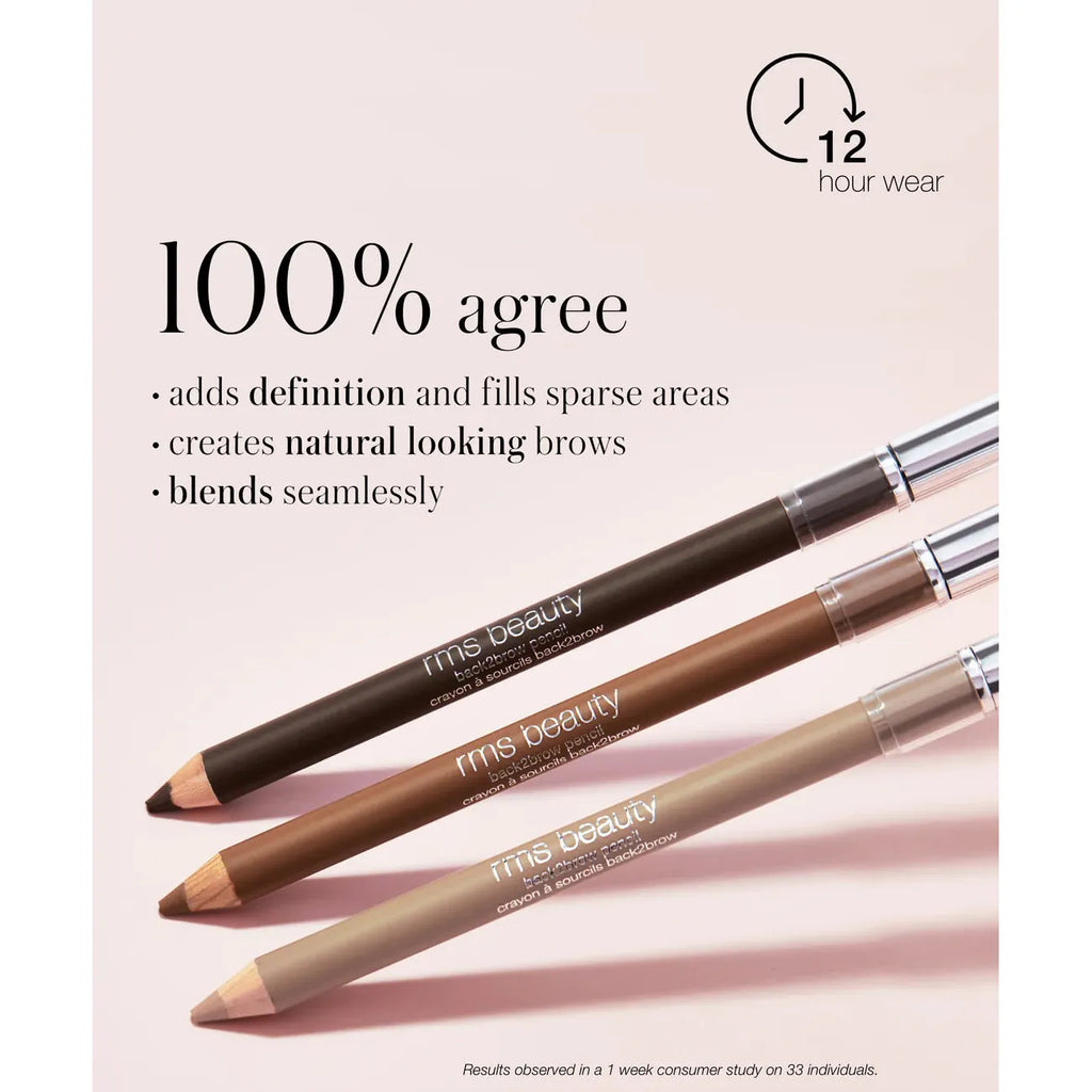 Three eyebrow pencils from rms beauty, promoted for their natural look, filling ability, blending quality, and 12-hour wear, with 100% consumer agreement.