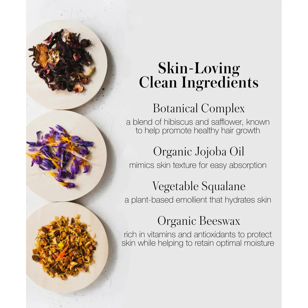 Assortment of botanical ingredients presented on plates with text detailing their skin and hair care benefits.