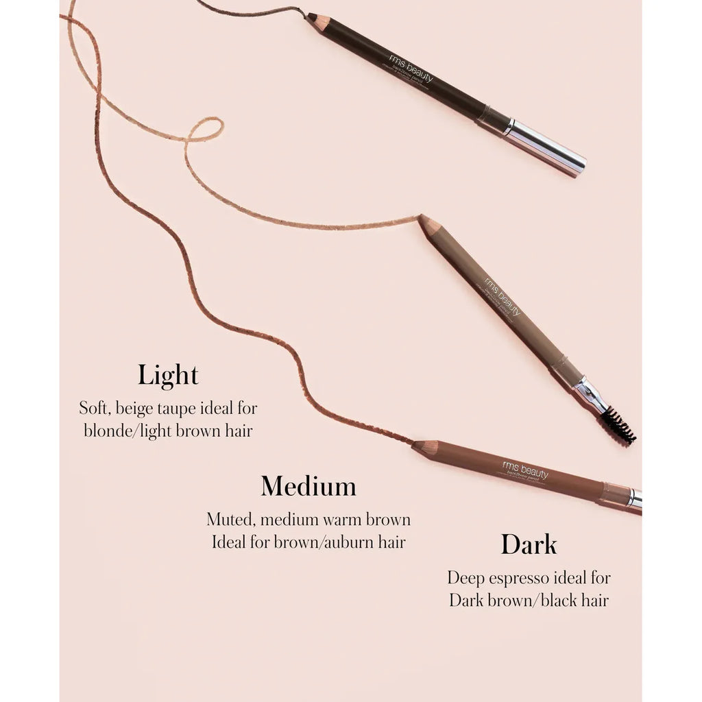 Three eyebrow pencils in varying shades from light to dark arranged on a pale pink background with descriptive text indicating the ideal hair color match for each pencil shade.