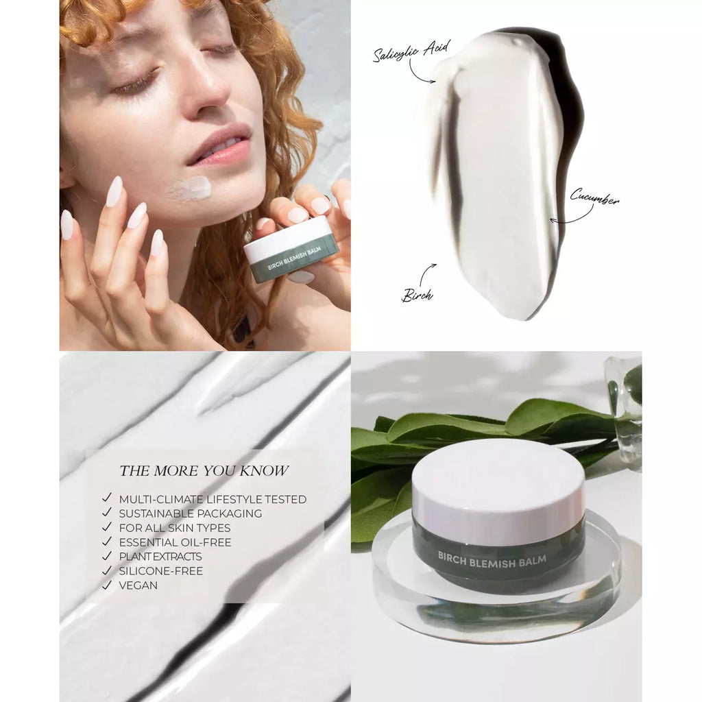 Collage of skincare product promotion featuring a woman applying cream, product texture swatch, informative benefits list, and the cream container with greenery.