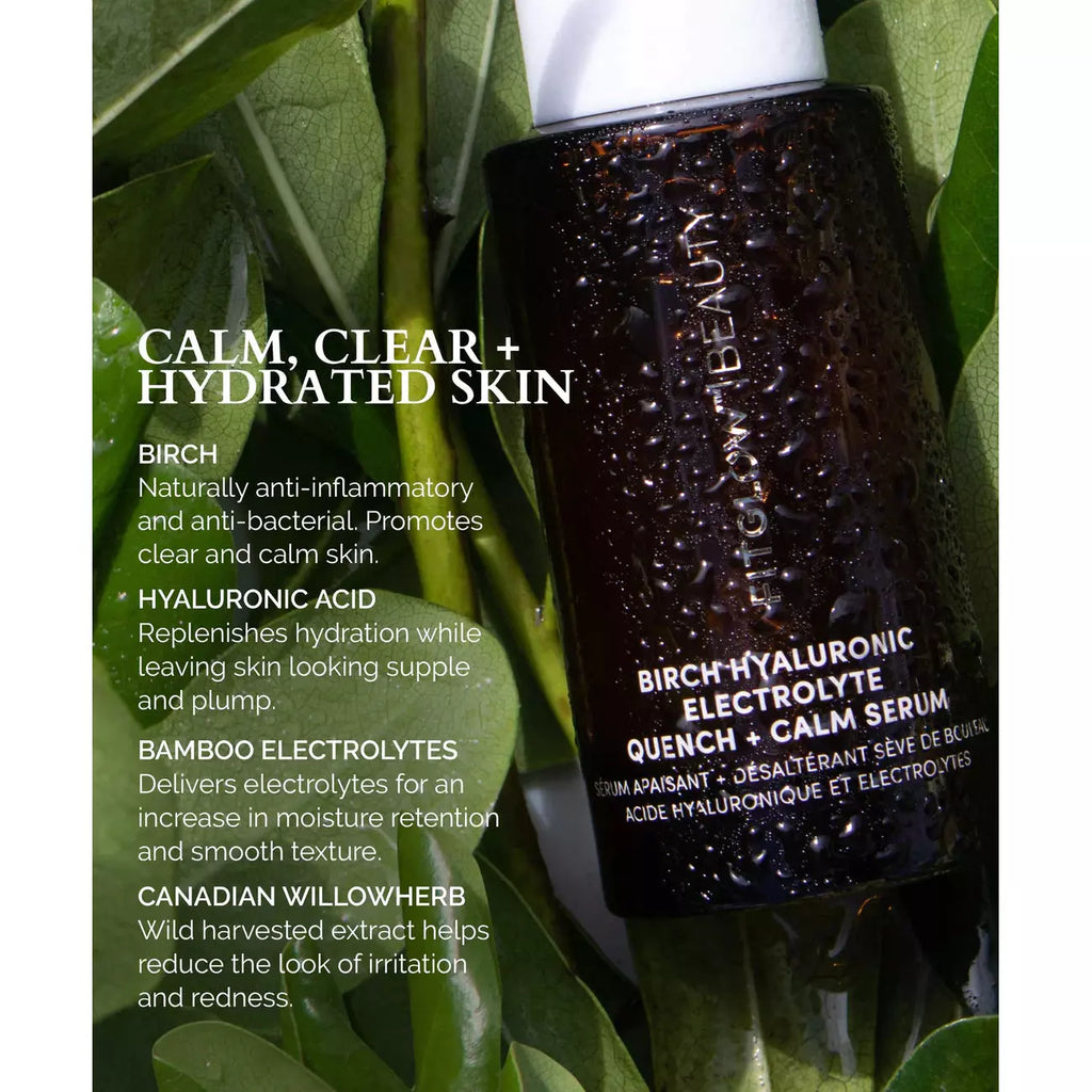 A skincare product bottle amidst green leaves, highlighting its natural ingredients for calm and hydrated skin.