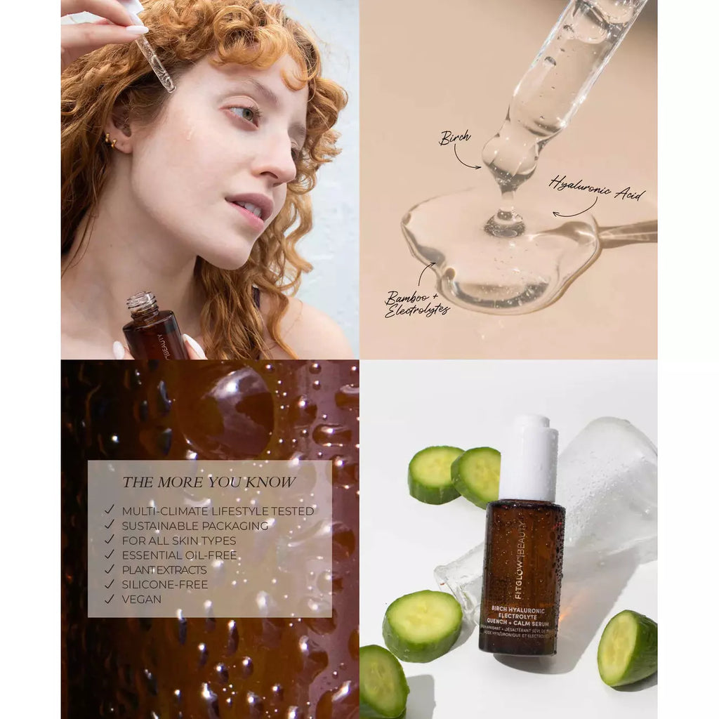 A collage of four images showcasing a skincare routine: a woman applying serum, a close-up of serum being dispensed, product details highlighting natural ingredients, and a serum bottle with cucumber slices.