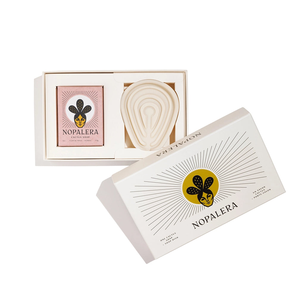 Nopalera branded soap with packaging and cactus-shaped soap bar.