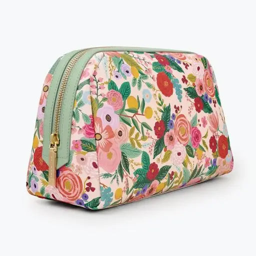Floral-patterned cosmetic bag with zipper closure.