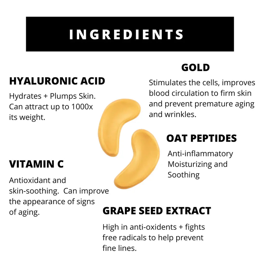 A graphic showcasing different skincare ingredients like hyaluronic acid, gold, oat peptides, vitamin c, and grape seed extract along with their respective skin benefits.