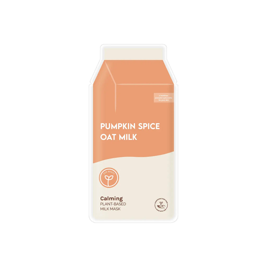 Pumpkin spice oat milk packaging design with calming plant-based milk mask branding.