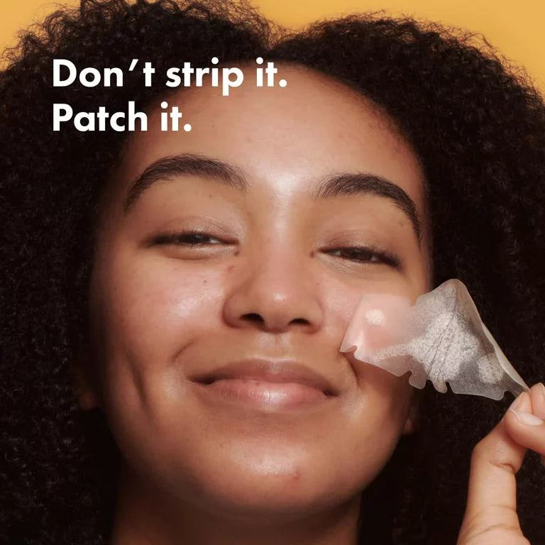 Woman smiling while removing a skincare patch from her cheek against a yellow background with text "don't strip it. patch it.