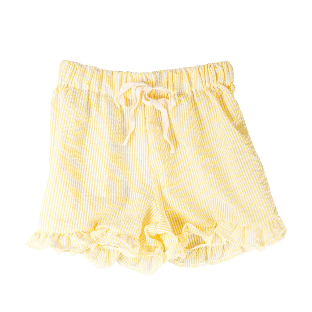 Violet & Brooks Skylar Ruffle Shorts - Lemon with a ruffled hem and a drawstring, isolated on a white background.