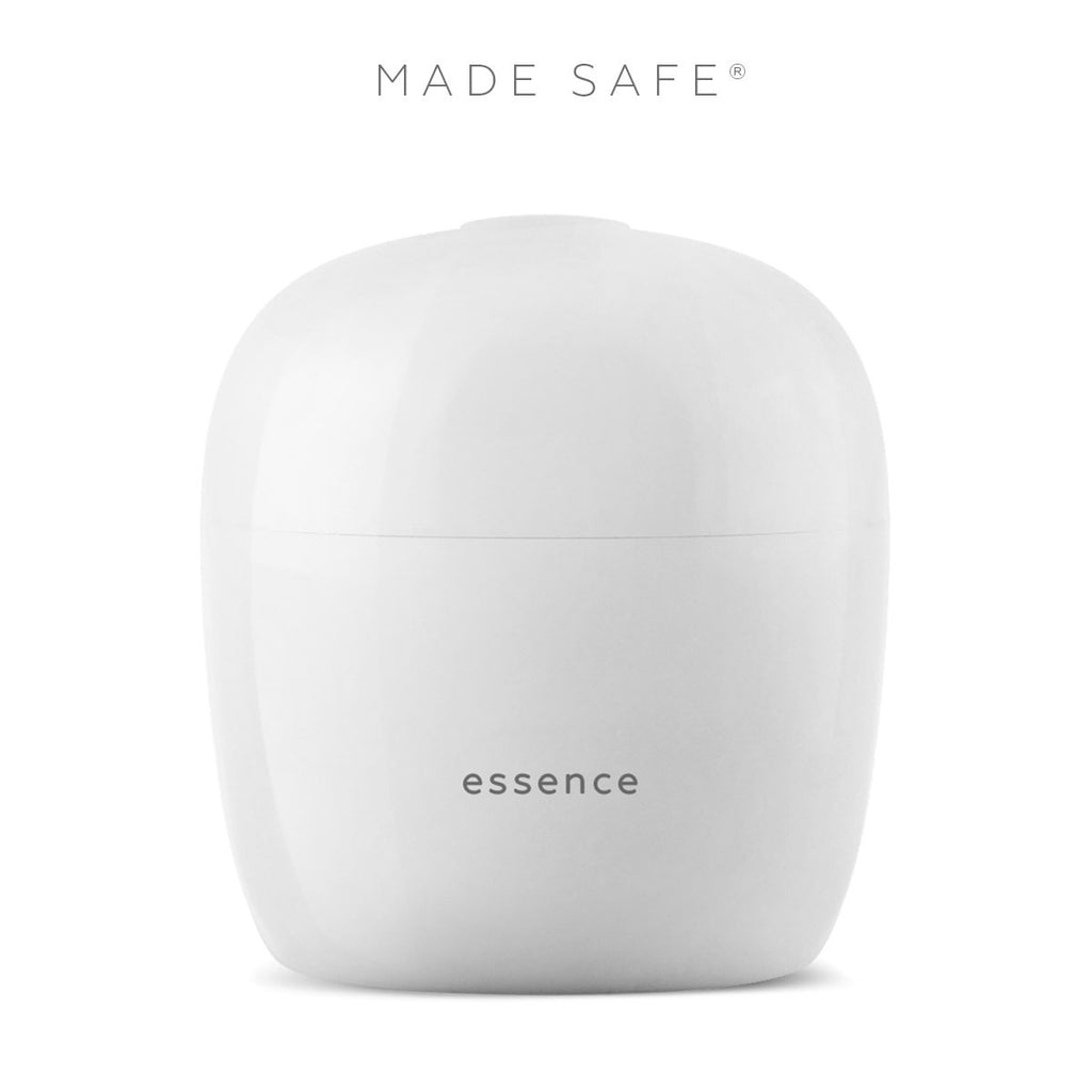 White essence container with "made safe" logo on top.