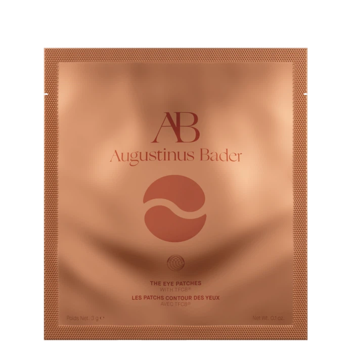 Advertisement for augustinus bader 'the eye patches' product with a minimalist design and brand logo.