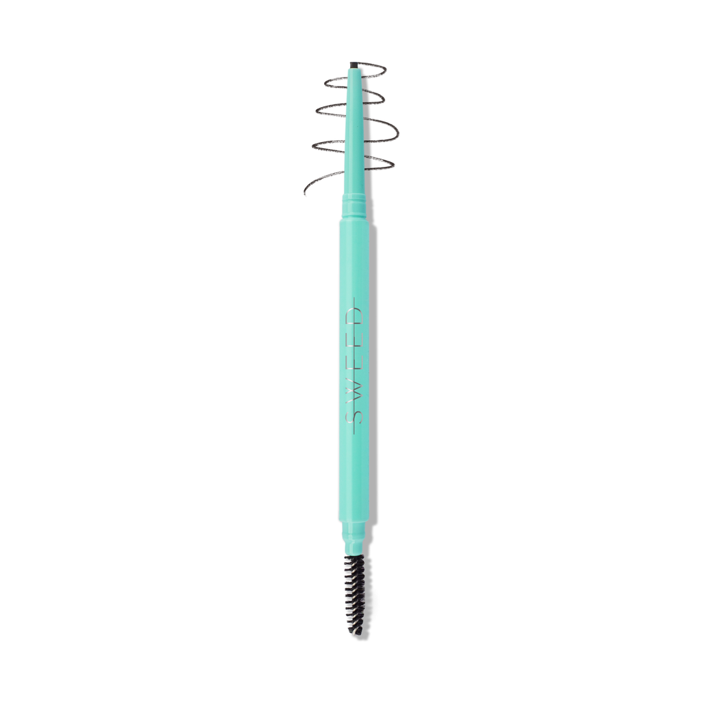 Turquoise eyelash curler with a black brush tip on a white background.