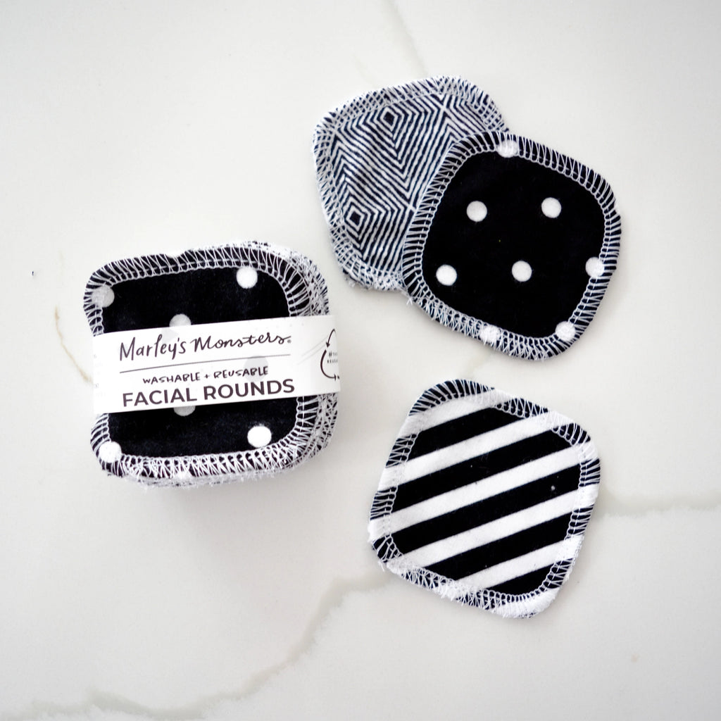 Marley's Monsters Facial Rounds Monochrome Prints 20 pack. Each 2-ply Facial Round is made from 100% cotton flannel. Reusable swap for disposable cotton balls. 