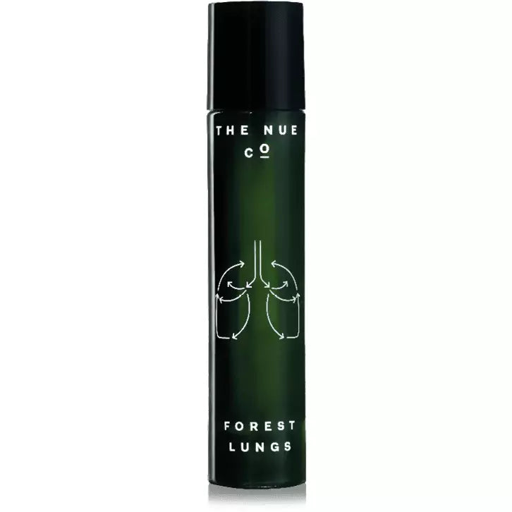 A bottle of "forest lungs" by the nue co. with minimalist lung design on the label.