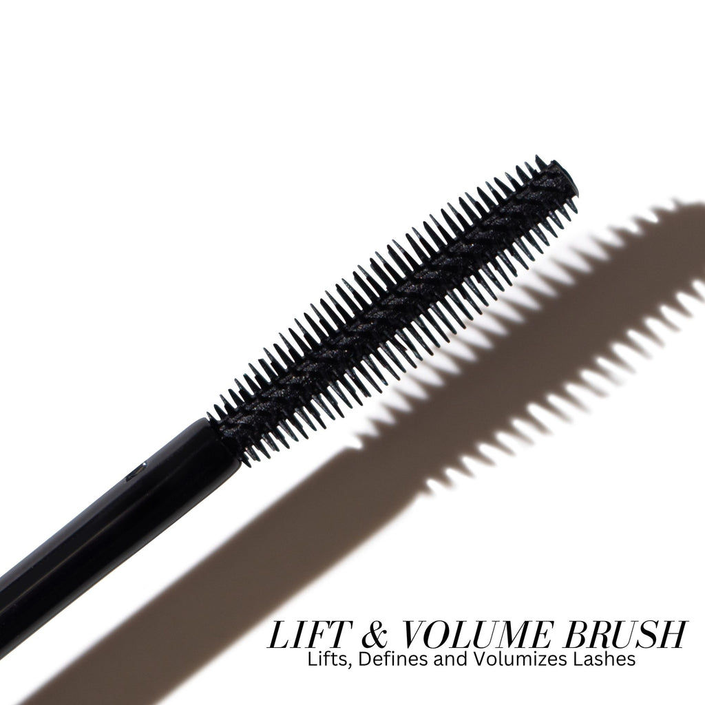 Mascara brush with bristles on a white background, labeled 'Lift & Volume Brush'.