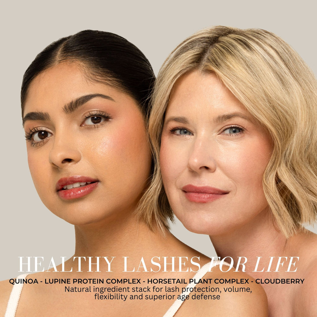 Two women with healthy skin and text about natural ingredients for lash health on a beige background