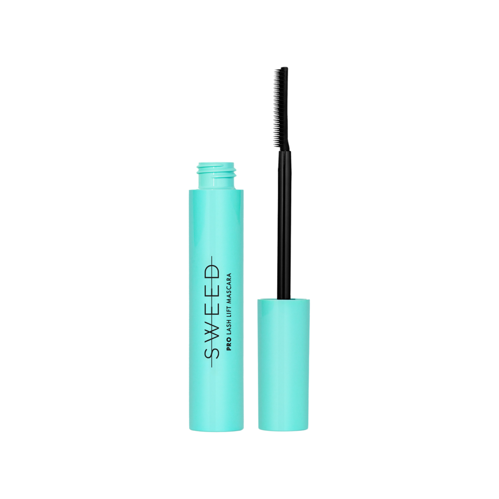 Turquoise mascara tube with brush applicator extended to the side.