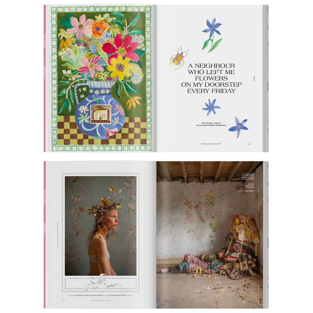 A collage of four images: a colorful floral painting, a page with text about a neighbor leaving flowers, a portrait of a woman looking left, and an indoor scene with a person lying on the floor, encapsulating the charm of Blumenhaus Issue #4.