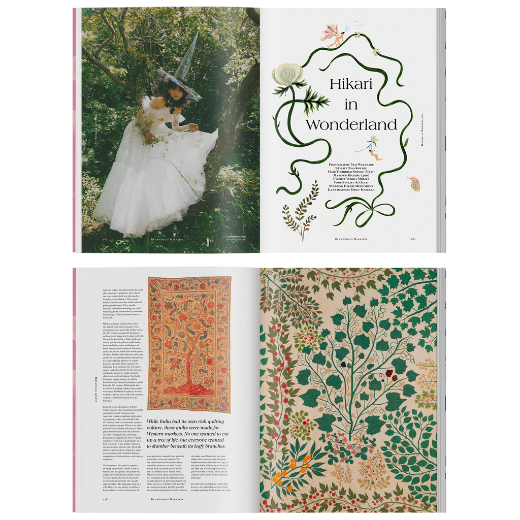 A spread from "Blumenhaus Issue #4" featuring a woman in a witch hat and white dress in the top left, text titled "Hikari in Wonderland" at the top right, and articles showcasing Fashion & Flowers with floral illustrations and tapestries in the bottom half.