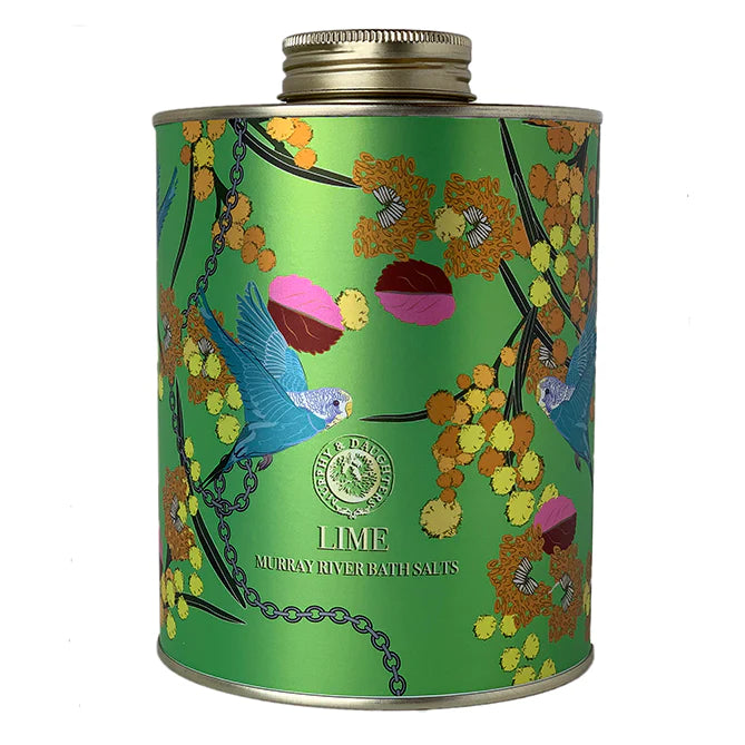 Decorative tin container with bird and floral motif for murray river bath salts.