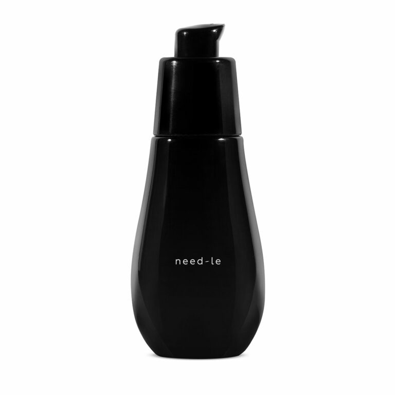 A black pump dispenser bottle with the text "need-le" on it against a white background.