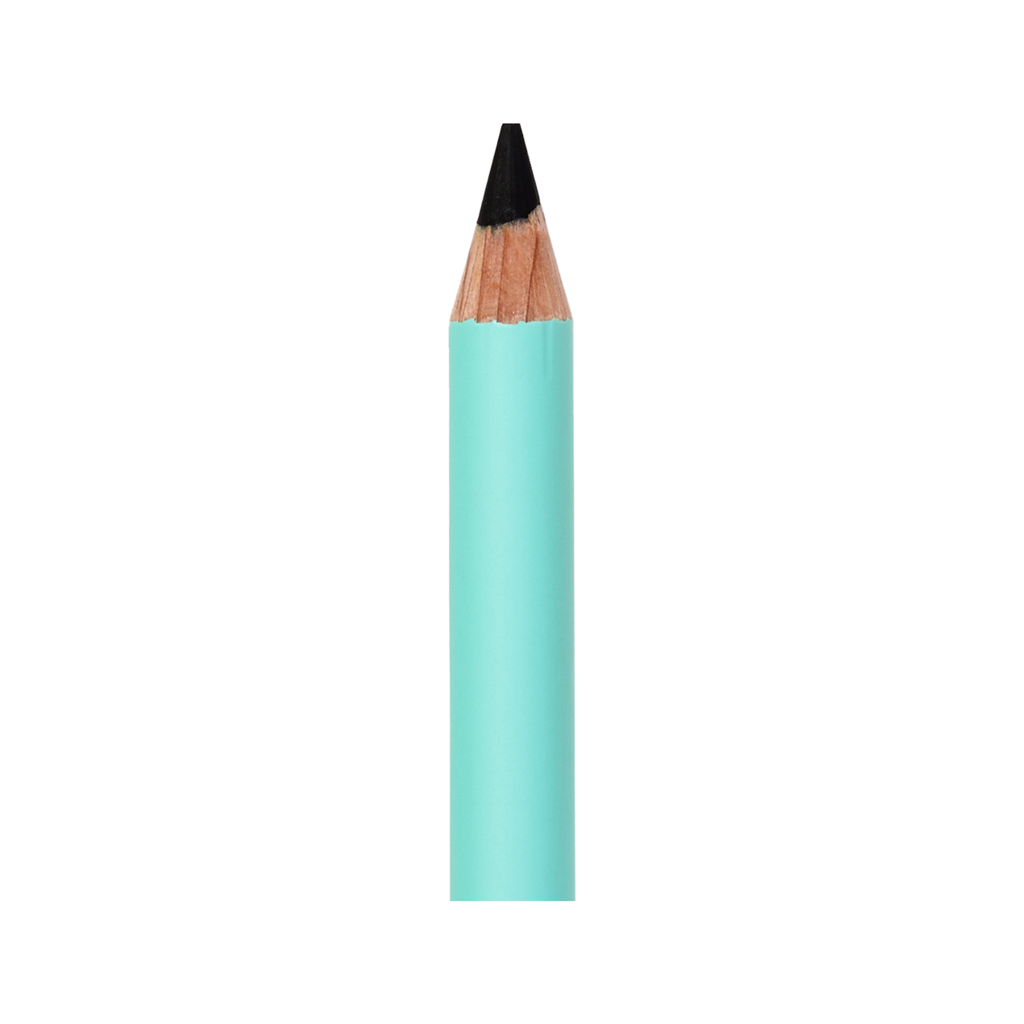 A single teal-colored pencil with a sharp black tip against a white background.