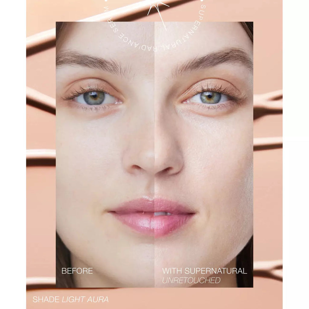 A beauty product advertisement comparing a "before" and "after" result of a woman's face with emphasis on natural appearance.