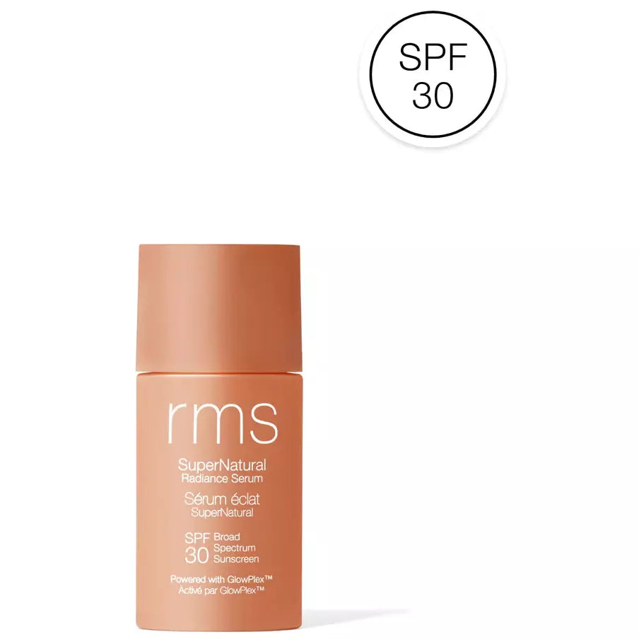 Bottle of rms supernatural radiance serum with spf 30 broad spectrum sunscreen.