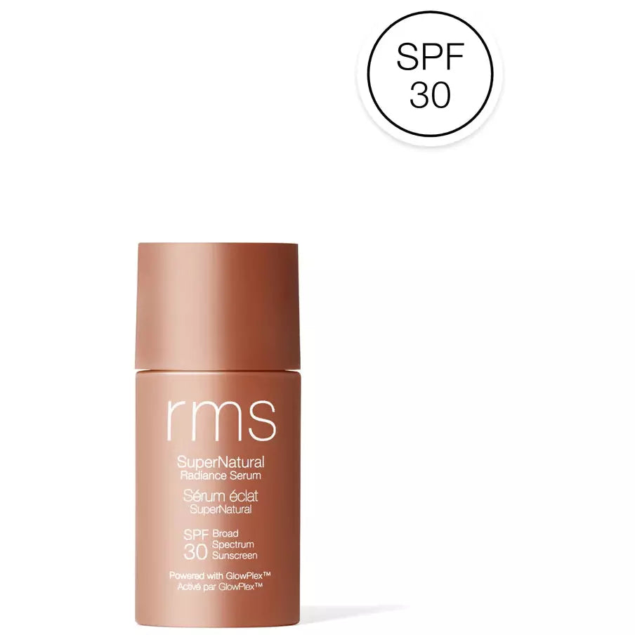 A bottle of rms supernatural radiance serum with spf 30 sun protection indicated in the upper right corner.