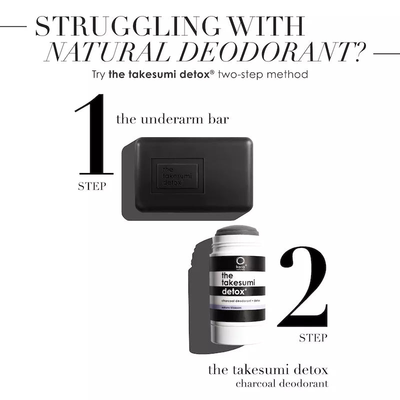 Advert for a two-step detox deodorant system with an underarm bar and charcoal deodorant.