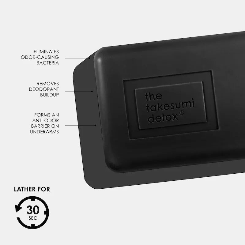 A black bar of soap labeled "the takesumi detox" with highlighted benefits: eliminates odor-causing bacteria, removes deodorant buildup, and forms an anti-odor barrier on underarms; users.