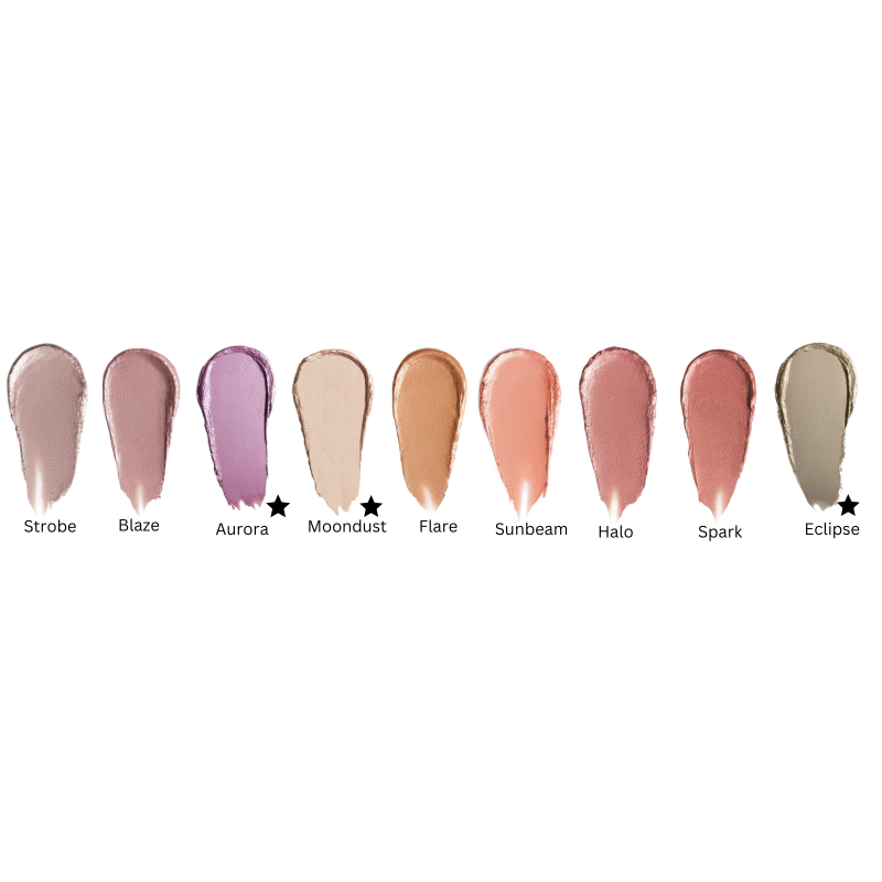 A range of cosmetic highlighter swatches in various shades with their names labeled below each color.