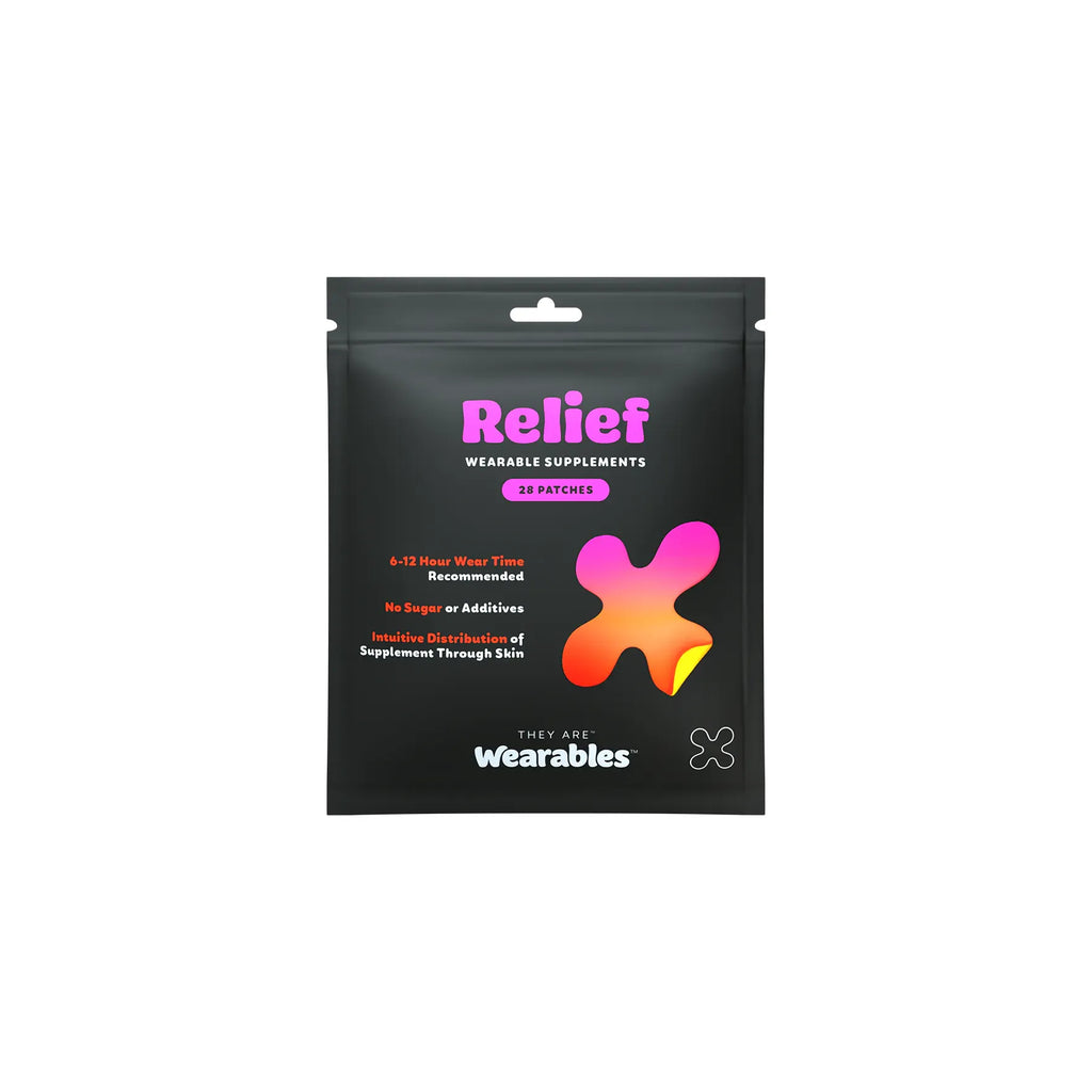 Packaging of relief wearable supplements with a 6-12 hour wear time, claiming no sugars or additives and delivery of supplements through the skin.