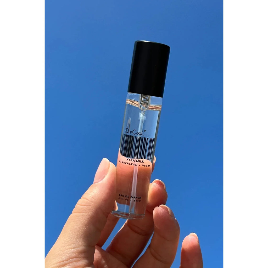 A hand holding a small bottle of perfume against a clear blue sky.