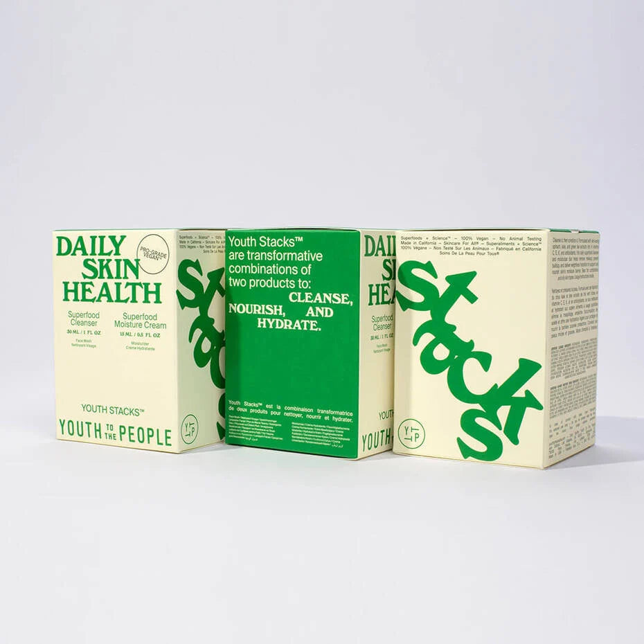 Three skincare product boxes with bold typography arranged side by side against a white background.